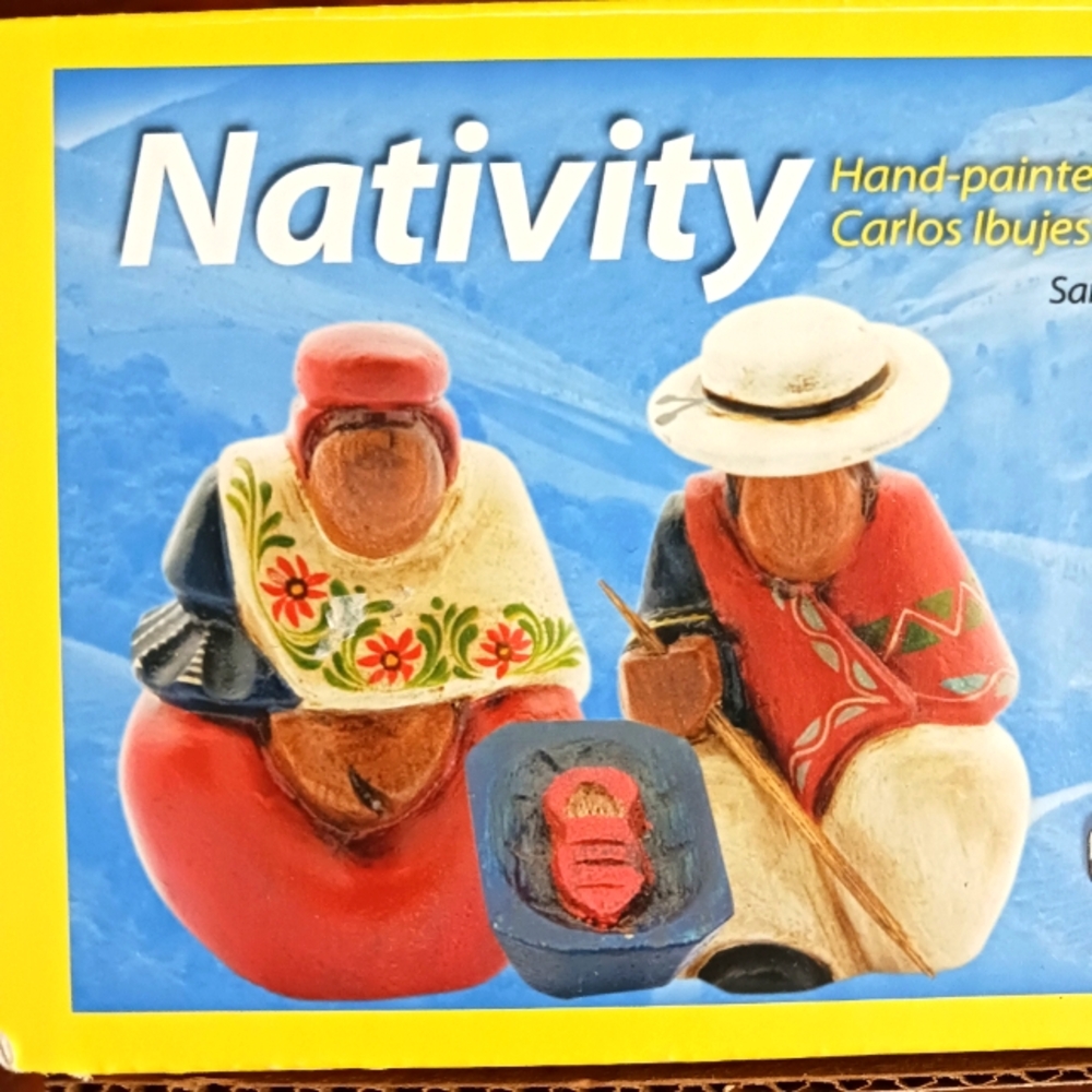 Vntg Hand Carved Hand Painted Wood  Nativity Made in Ecuador By Carlos Ibujes